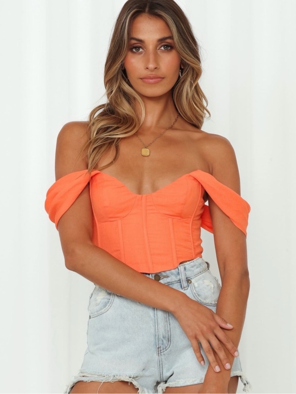 Hello Molly Off-Shoulder Corset Crop Top in Coral Orange